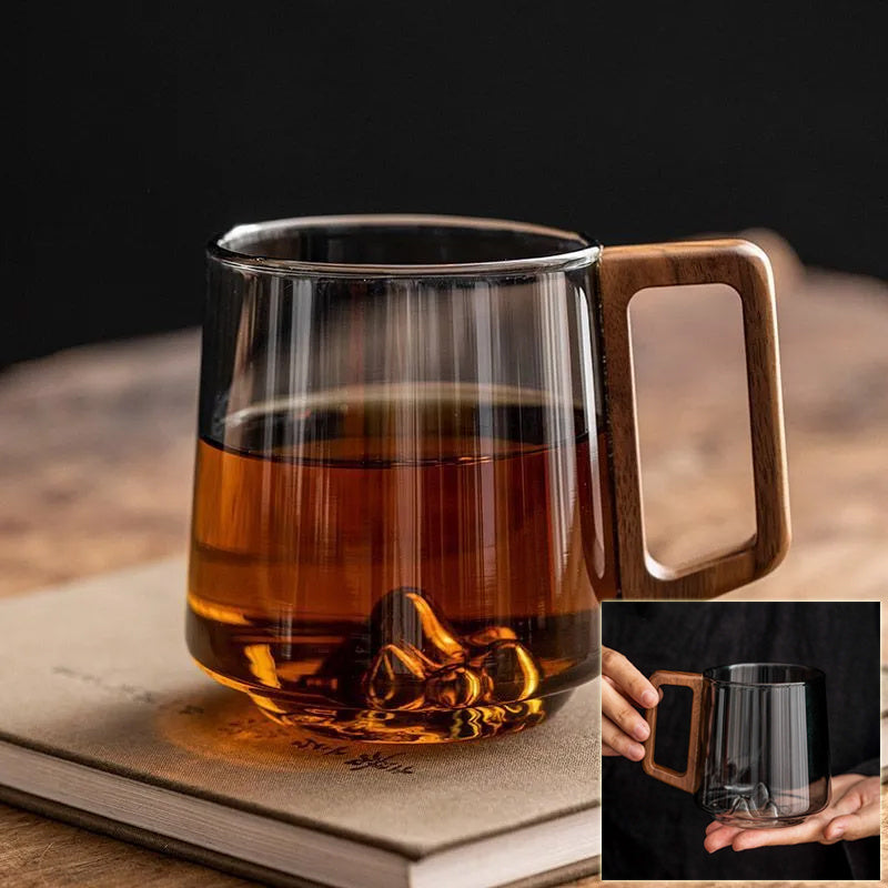 Glass Single-layer Side Wooden Handle Drinking Cup