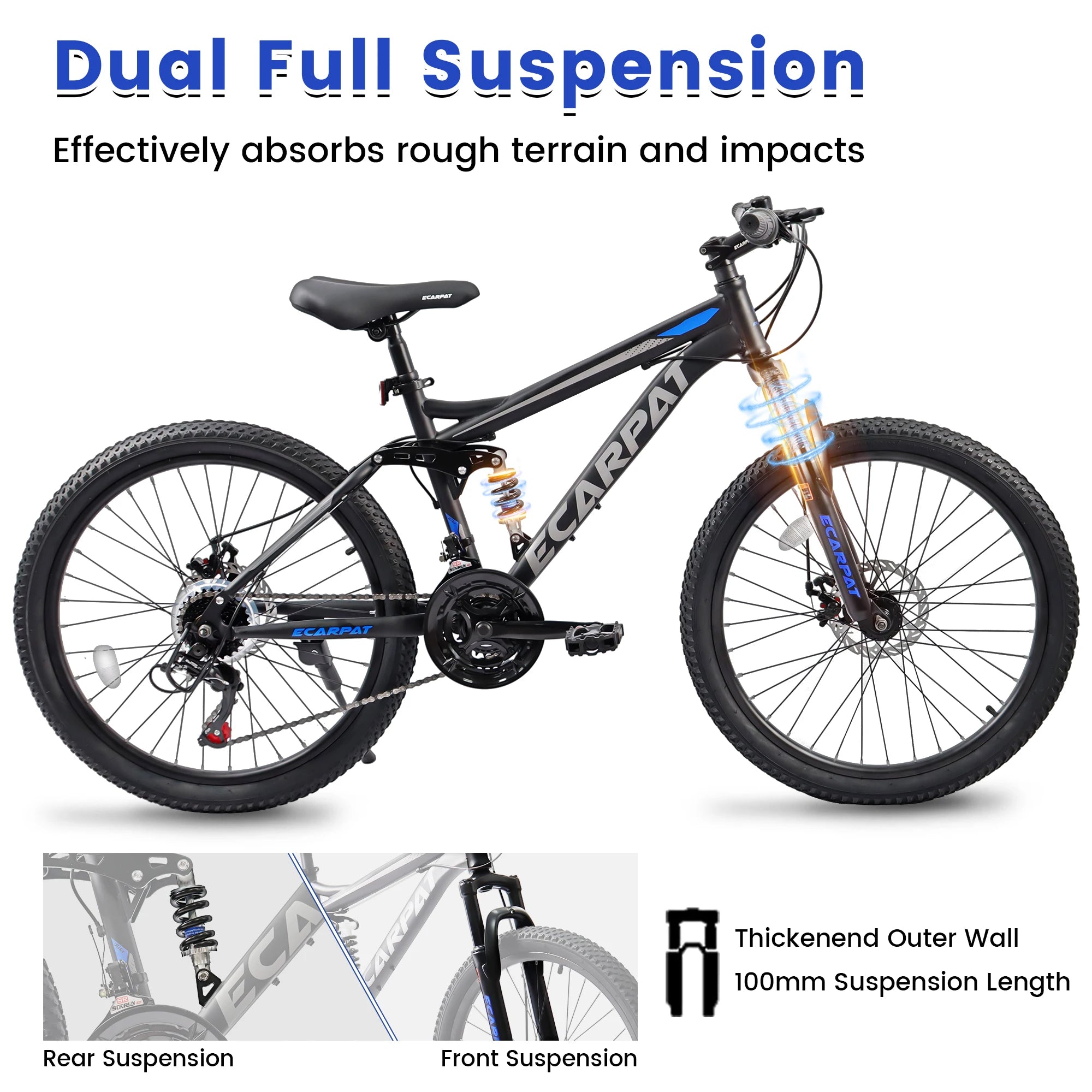 Ecarpat Dual Full Suspension Mountain Bike 24/26/27.5 Inch, Mens,Women,Teenagers,Boy and Girl.  Mountain Bike, 21-Speed Disc Bicycles