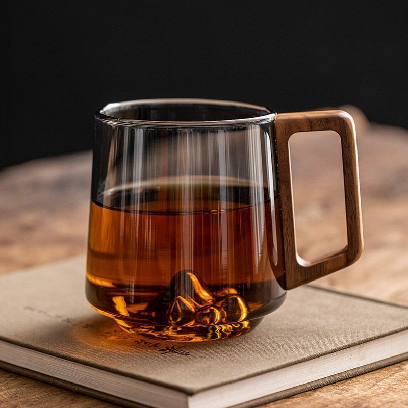 Glass Single-layer Side Wooden Handle Drinking Cup