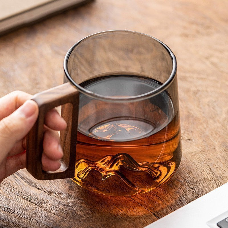 Glass Single-layer Side Wooden Handle Drinking Cup