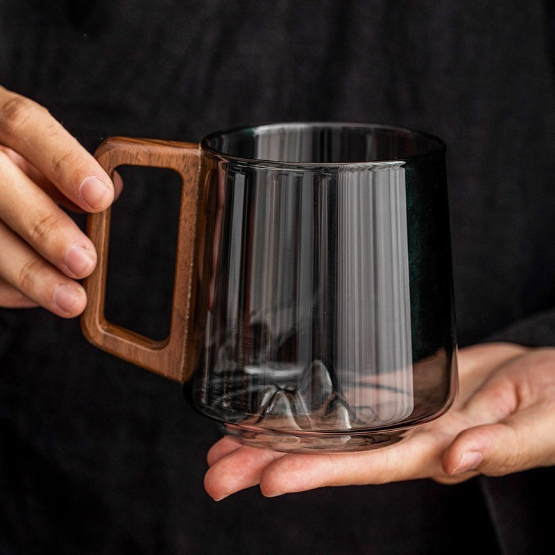 Glass Single-layer Side Wooden Handle Drinking Cup